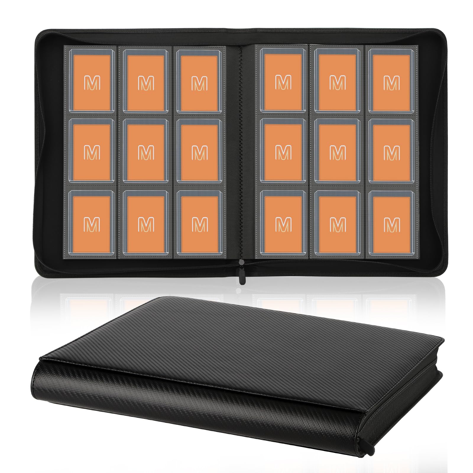 Toploader Binder Trading Card Binder Storage Hold up 288 Cards 9-Pocket Top Loader Binder with Sleeves for 3x4 Rigid Toploaders Hard Cases (9Carbon Fiber Black)