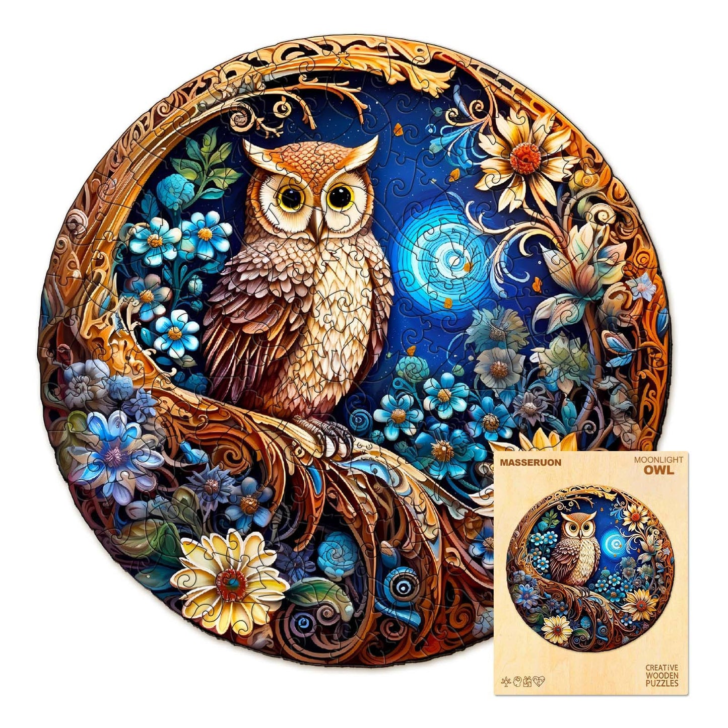 masseruon Wooden Puzzles for mature-themeds-Moonlight Owl  Unique Shaped Jigsaw Puzzles for mature-themed(M  190pieces  11.4x11.4in)  Beautiful Animal Shaped Wood Puzzles  Christmas Family Game Birthday Gift