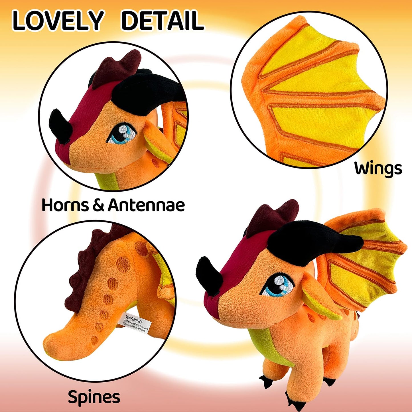 Kobataro Wings Dragon Plush Stuffed Animal Plushies Toys Cute Fire Dragon Stuffy For Kids Boys Girls For Aged 3+(Red)