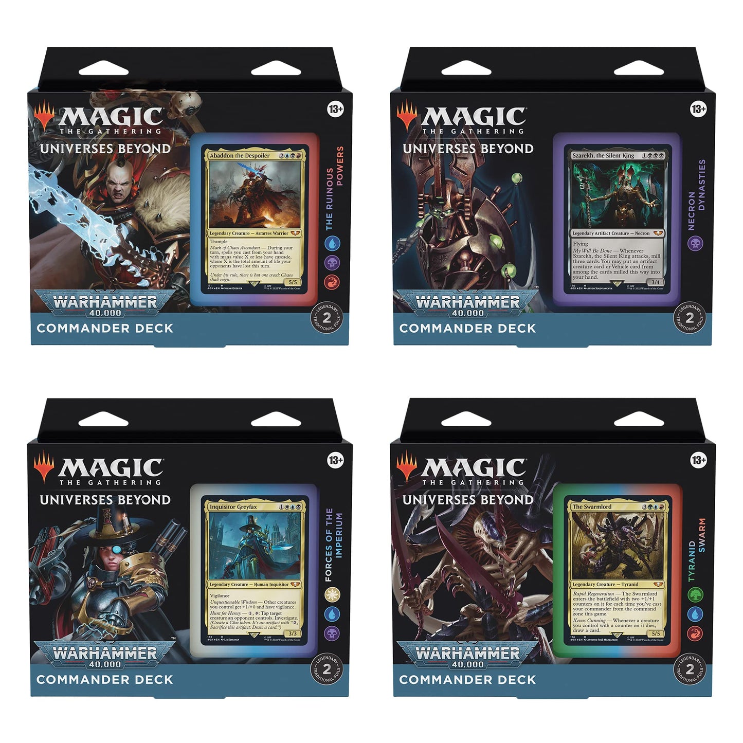 Magic: The Gathering Universes Beyond Warhammer 40,000 Commander Deck Bundle – Includes 1 The Ruinous Powers, 1 Necron Dynasties, 1 Forces Of The Imperium, And 1 Tyranid Swarm