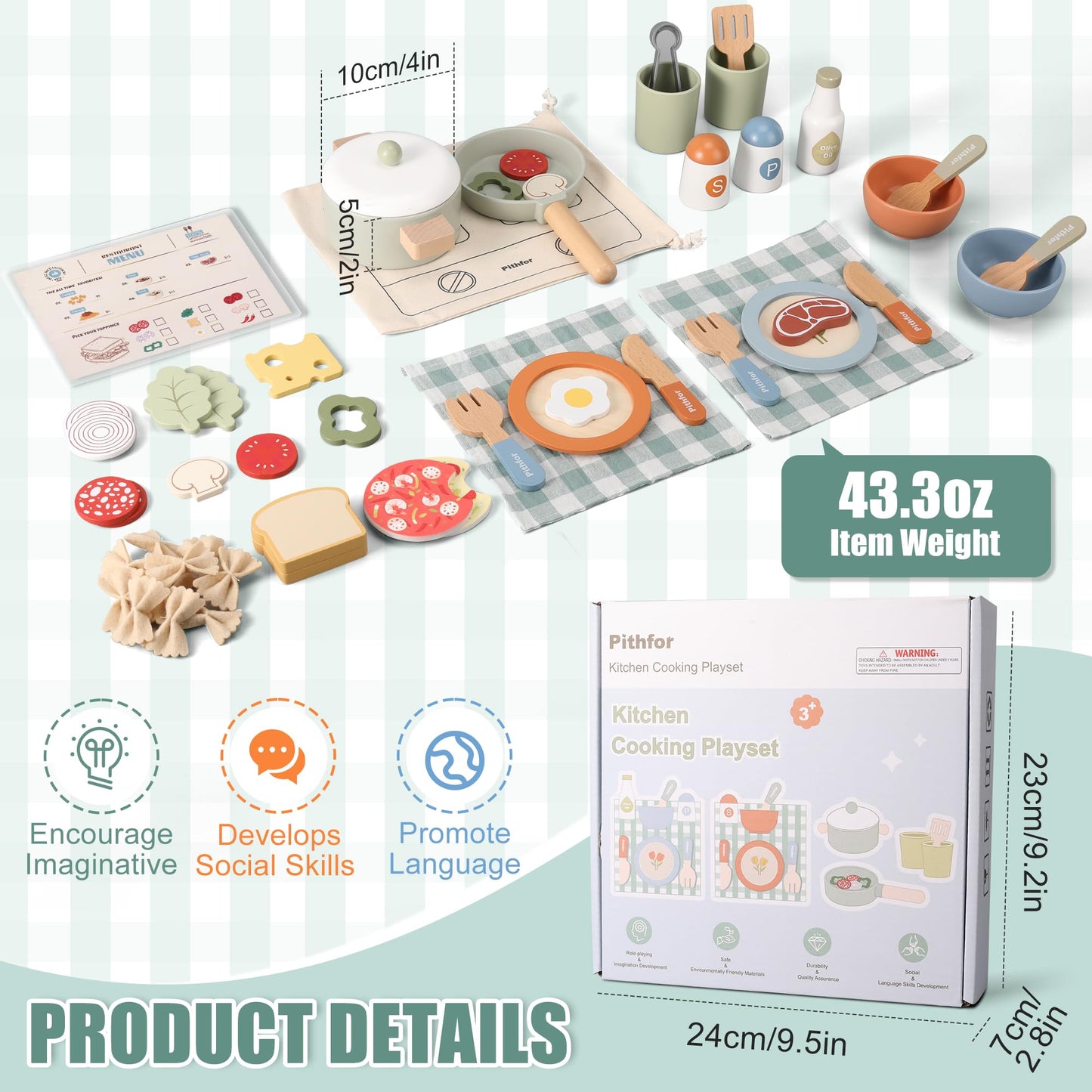 Pithfor Wooden Play Cooking Set, Pretend Play Kitchen Accessories Toys Set for Kids Toddlers, Including Play Dishes, Pot and Pan