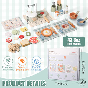 Pithfor Wooden Play Cooking Set, Pretend Play Kitchen Accessories Toys Set for Kids Toddlers, Including Play Dishes, Pot and Pan
