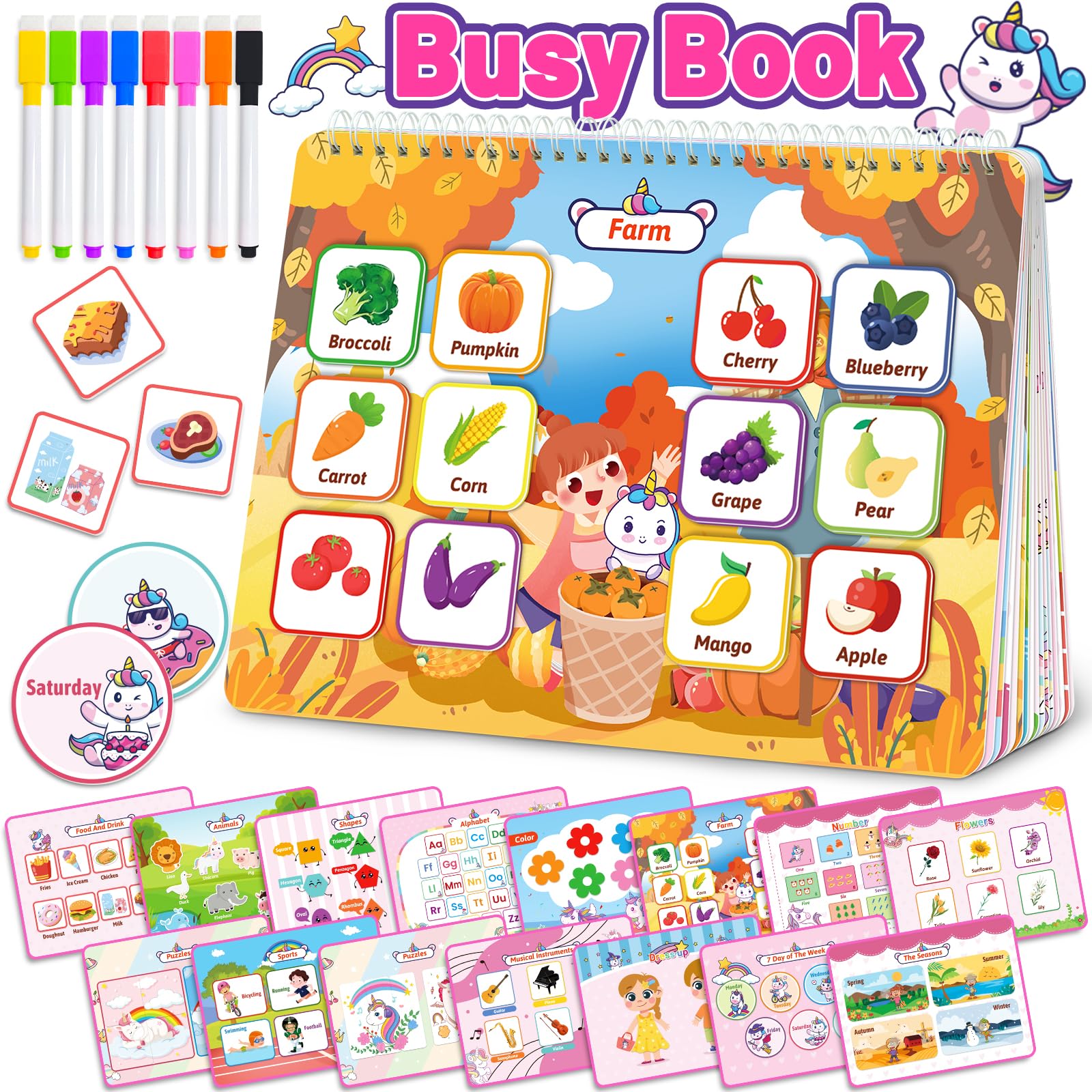 Unicorn Busy Book For Toddlers 3-5, Preschool Toddler Learning Activities Book, Educational Montessori Toys For 3 4 5 Year Old G