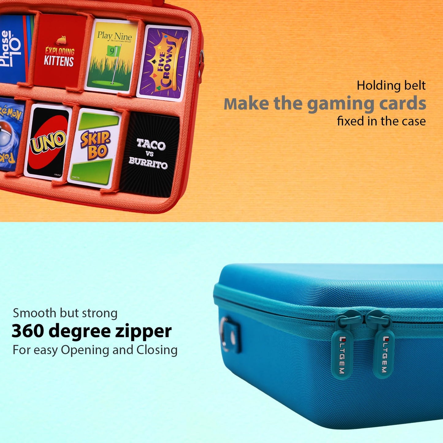 Ltgem Game Card Travel Case,Compatibility Taco Cat Goat Cheese Pizza/Skyjo/Uno/Playing Card Against Humanity And Other Game Cards,This Card Box Can Hold 2500+Game Cards (Sky Blue)