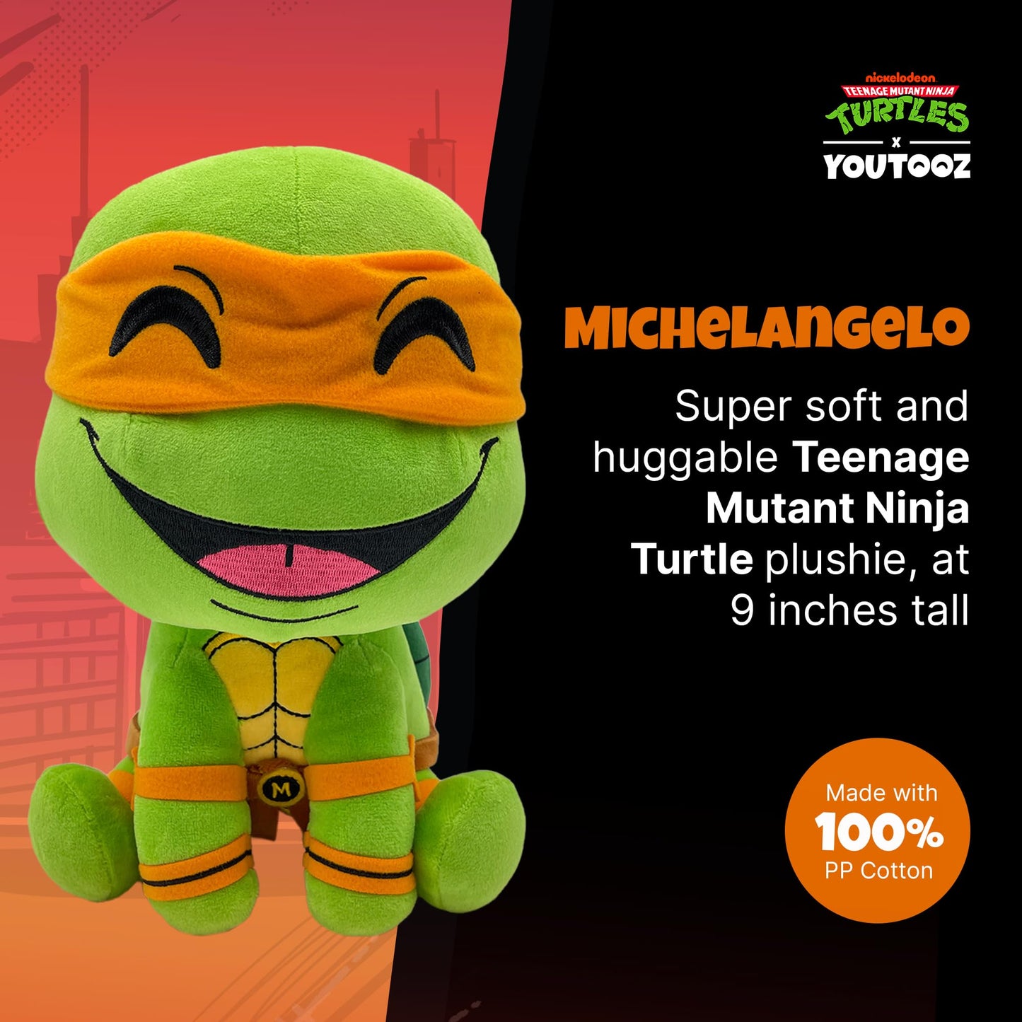 You Tooz Michelangelo Plush 9" - TMNT Chibi Plush Toy in Orange, Cotton Material, Model MICHELANGELOPLUSH9IN