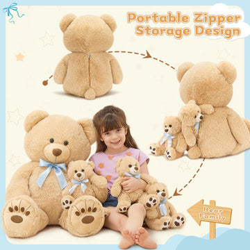 Morismos Giant Teddy Bear Stuffed Animal With Baby Bears,35.4'' Big Mommy Stuffed Bear,3 Small Bulk Teddy Bear Stuffed Animals F