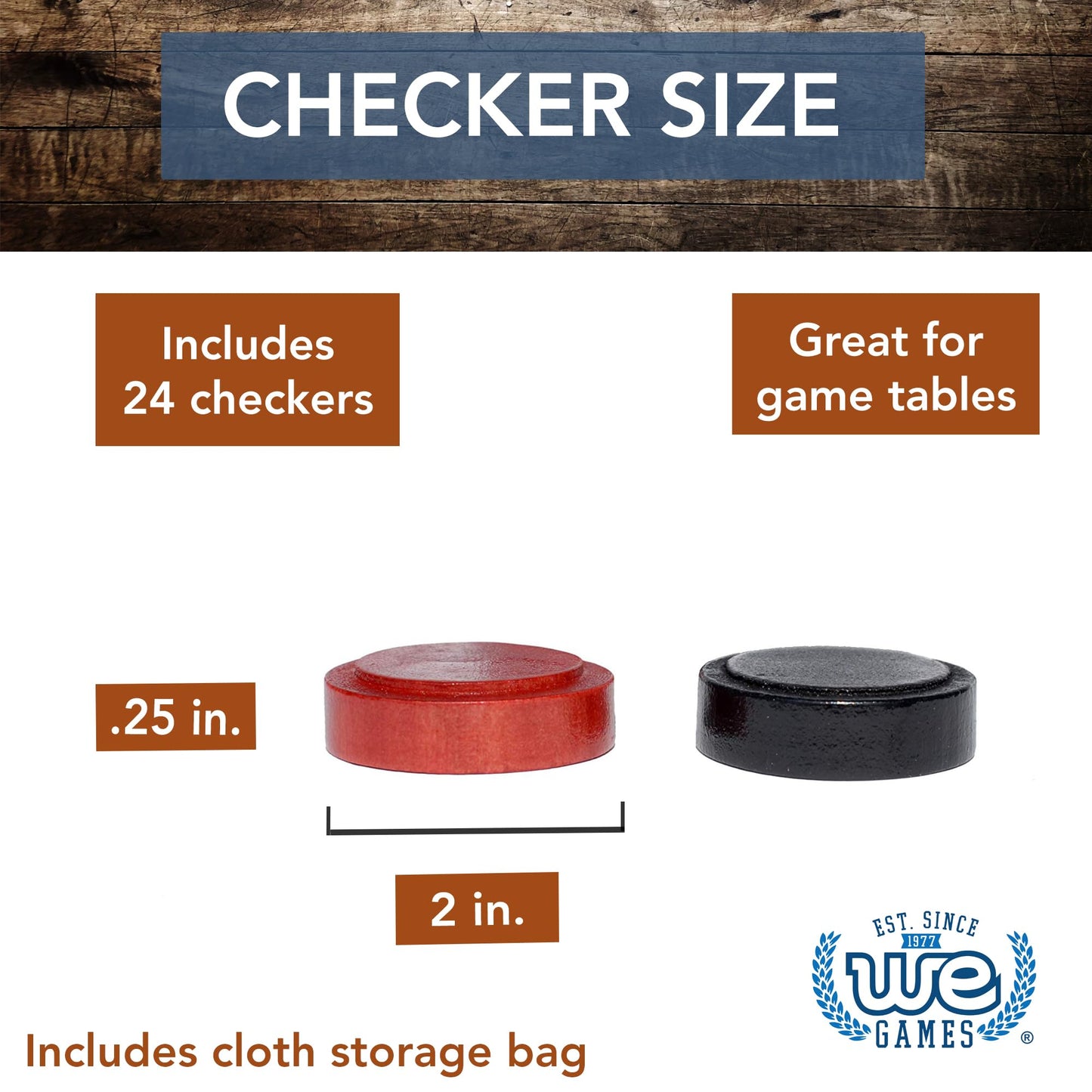 We Games Wooden Checkers Pieces With Drawstring Storage Bag - 24 Checker Pieces Only - Red & Black, 2-Inch Diameter