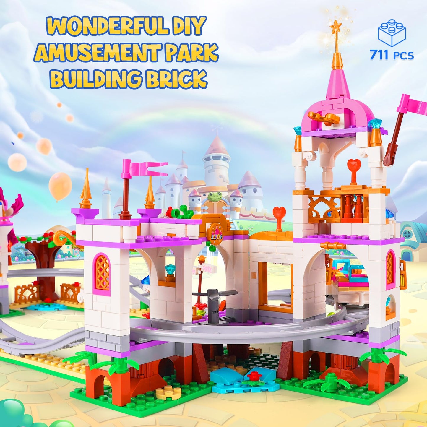 Hogokids Friend Roller Coaster Building Set - 711 Pieces Girls Amusement Building Block Kit Stem Playground Park Pink Construction Birthday Gift Toys For Kids Girls Boys Aged 6 7 8 9 10 11