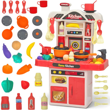 Cable World Kids Kitchen Play Set for Kids| 50 Pieces Pretend Play Cooking Set with Utensils, Pots, Pans, Fruits & Vegetables | 