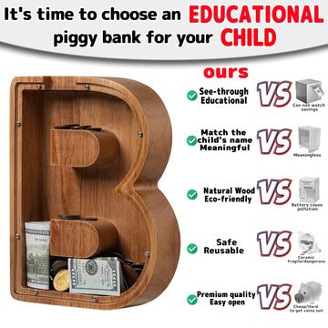 Ladenk 12 Inch Extra Large Wooden Kids Letter Piggy Bank - Piggy Bank For Boys Girls - Initial B Bank - Alphabet Money Bank For Birthday