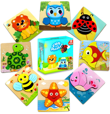 Aiziyuo Animal Wooden Puzzles, Montessori Toys For Toddlers 1-3, 8 Pack Baby Puzzle For Kids1 2 3+ Years Old, Preschoool Learnin