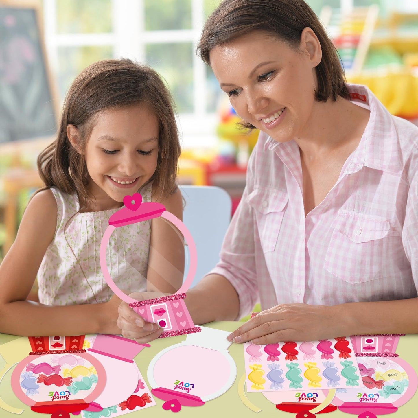 WATINC Valentines Day Gumball Machine Craft Kits, 20Pack DIY Valentines Heart Bubble Gum Machine Crafts Hanging Ornaments with C