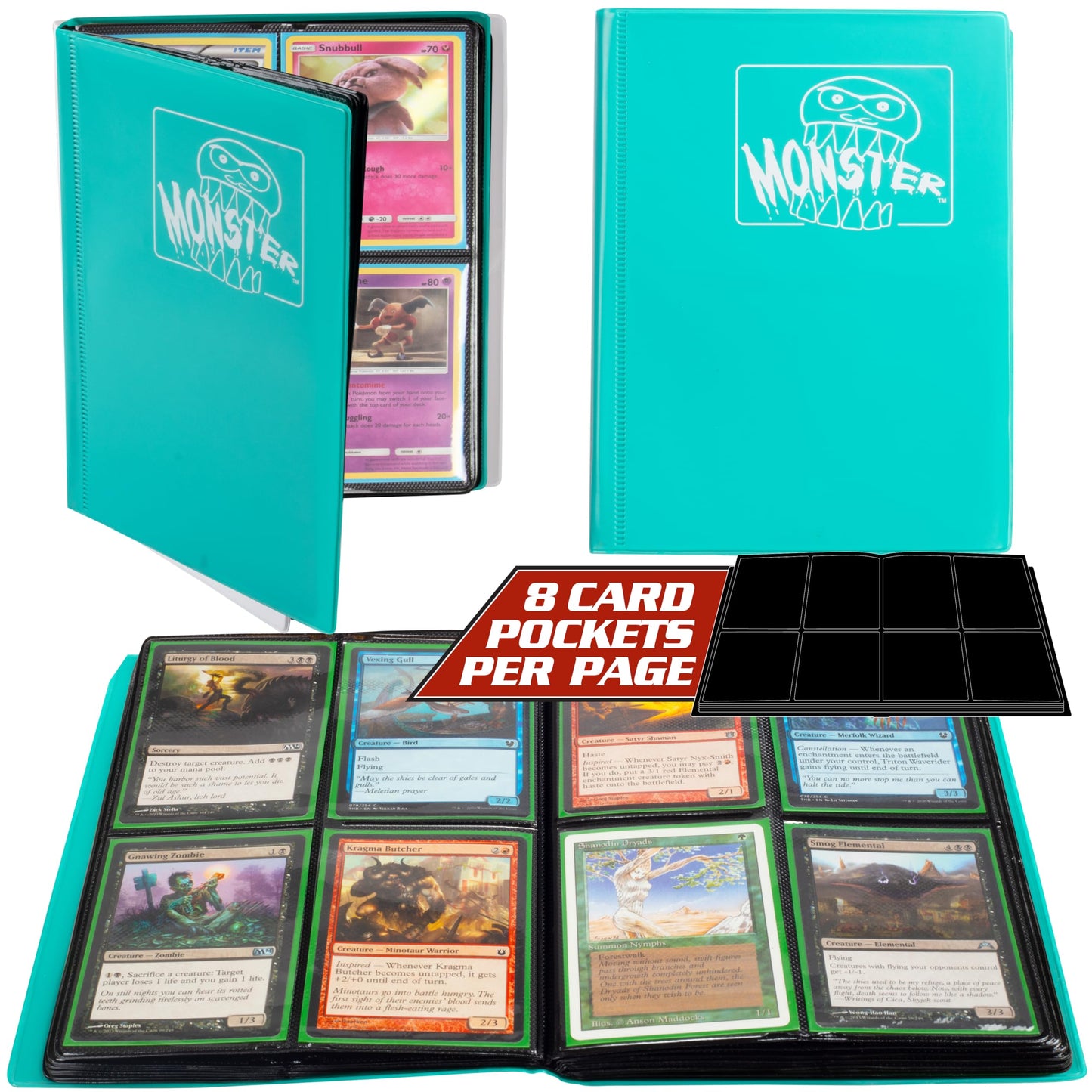 Monster 4 Pocket Trading Card Binder - Matte Teal Album, Anti-Theft & Anti-Drop Tcg Protection W Side Loading Padded Pockets, Do