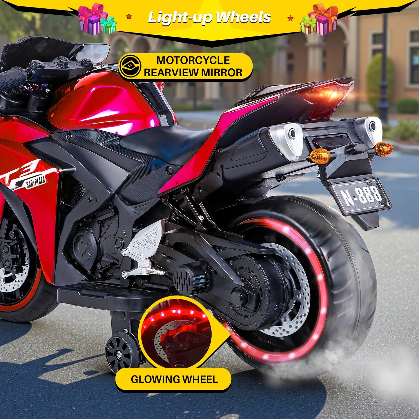 Blitzshark 12V Electric Motorcycle  Kids Motorcycle with Training Wheel  7AH Battery Ride On Motorbike for Kids 3.2 MPH Max Speed  Twist Grip Throttle  Brake Pedal  Soft Tires  Extra Long Seat  Red