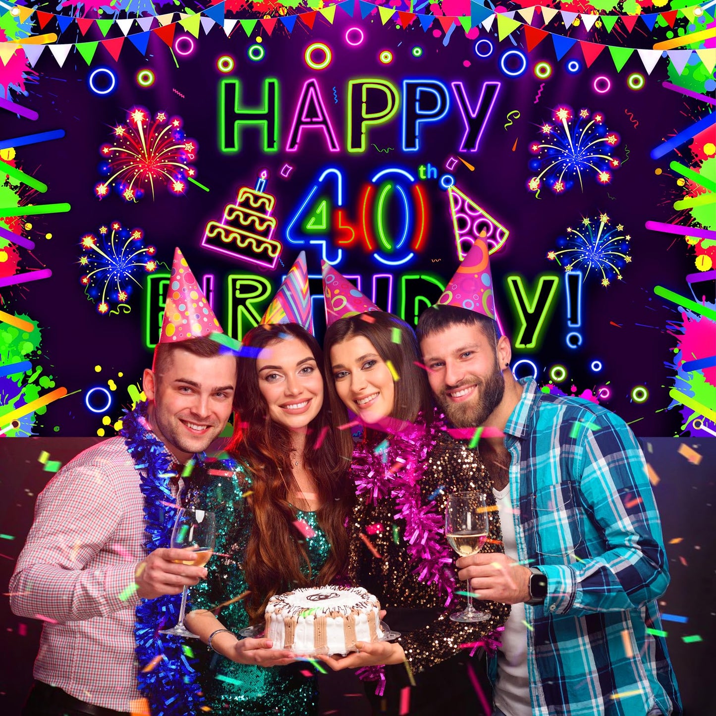 Neon Birthday Party Decorations Neon Happy 40th Birthday Banner Glow in The Dark Party Decorations with UV Black Light Reactive