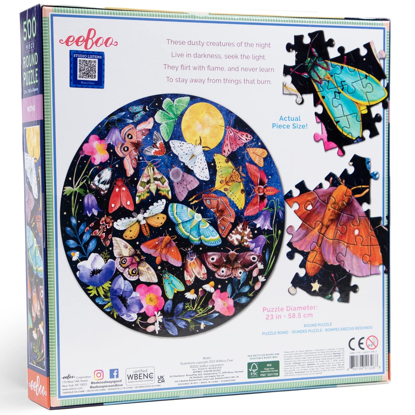 eeBoo Piece and Love Moths 500 Piece Round mature-themed Jigsaw Puzzle/Ages 14+ (PZFMOT)