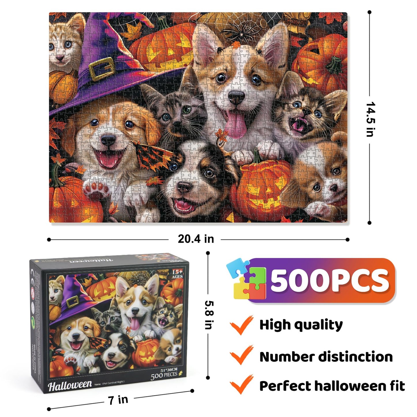 Motiloo 500 Piece Halloween Pet Jigsaw Puzzle Set For Adults - Cute Dogs And Cats Gathered For Carnival Night Group Photo - Perfect Halloween Decor