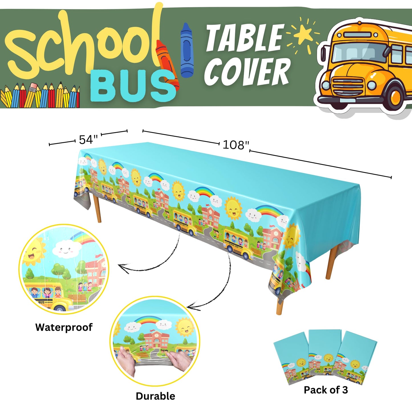 Blue Orchards School Bus Tablecovers (Pack of 3) - School Bus Party Supplies, Back to School Decorations, School Bus Wheels Tabl