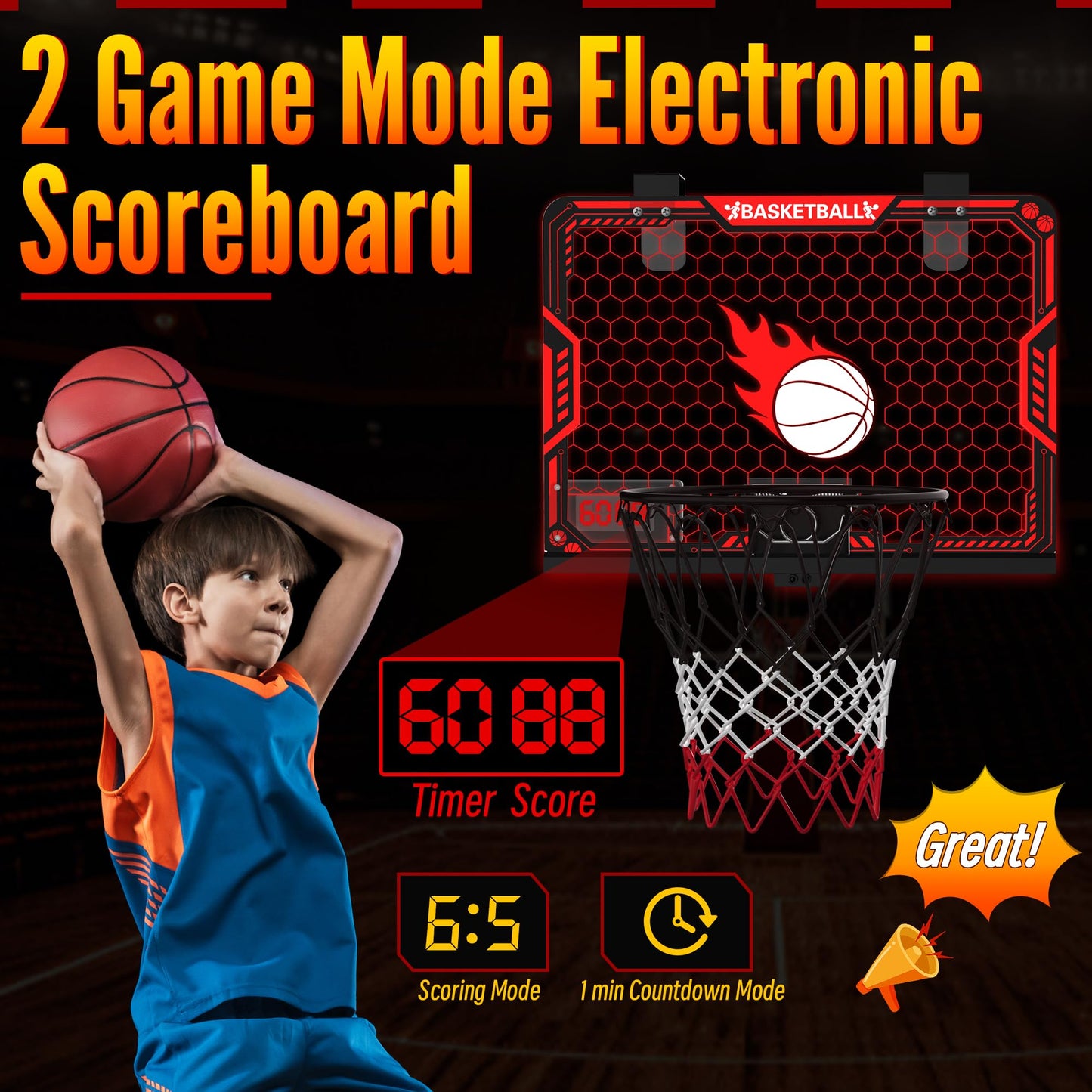 Zizz Indoor Basketball Hoop For Kids: Basketball Gifts For Boys 4-10 Led Light & Scoreboard Over The Door Basketball Hoop Birthd