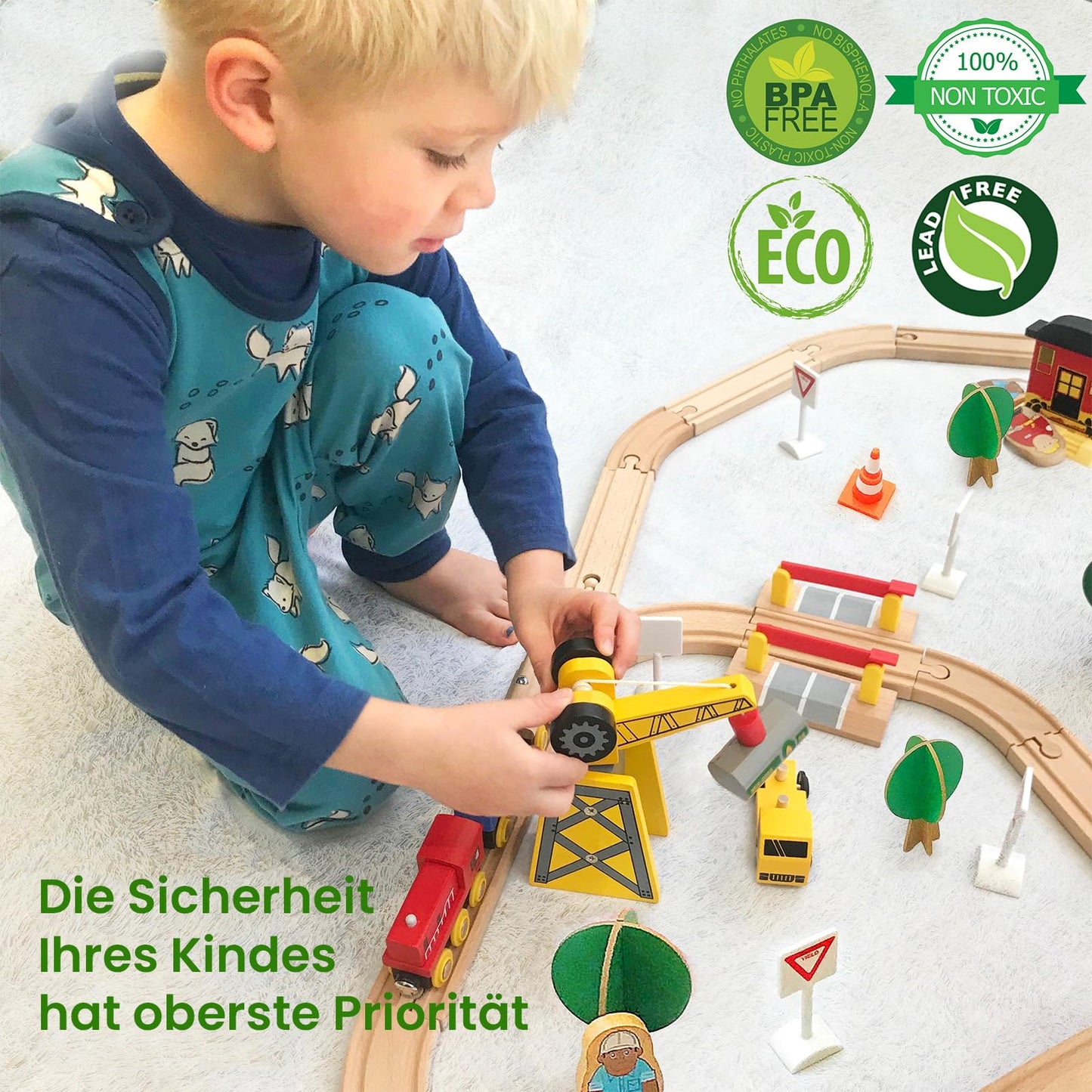 Tiny Land Wooden Train Set - 55PCS Educational Toy for Toddlers & Kids 3-7, Durable Tracks Compatible with Major Brands, Wood Color