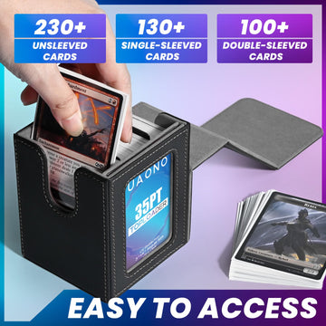 Uaono Card Deck Box With Mtg Commander Display, Patented Design Card Deck Case Holds 100+ Double-Sleeved Cards, Pu Leather Cards Storage Box For Tcg With 2 Dividers, 1 Toploader (Black)