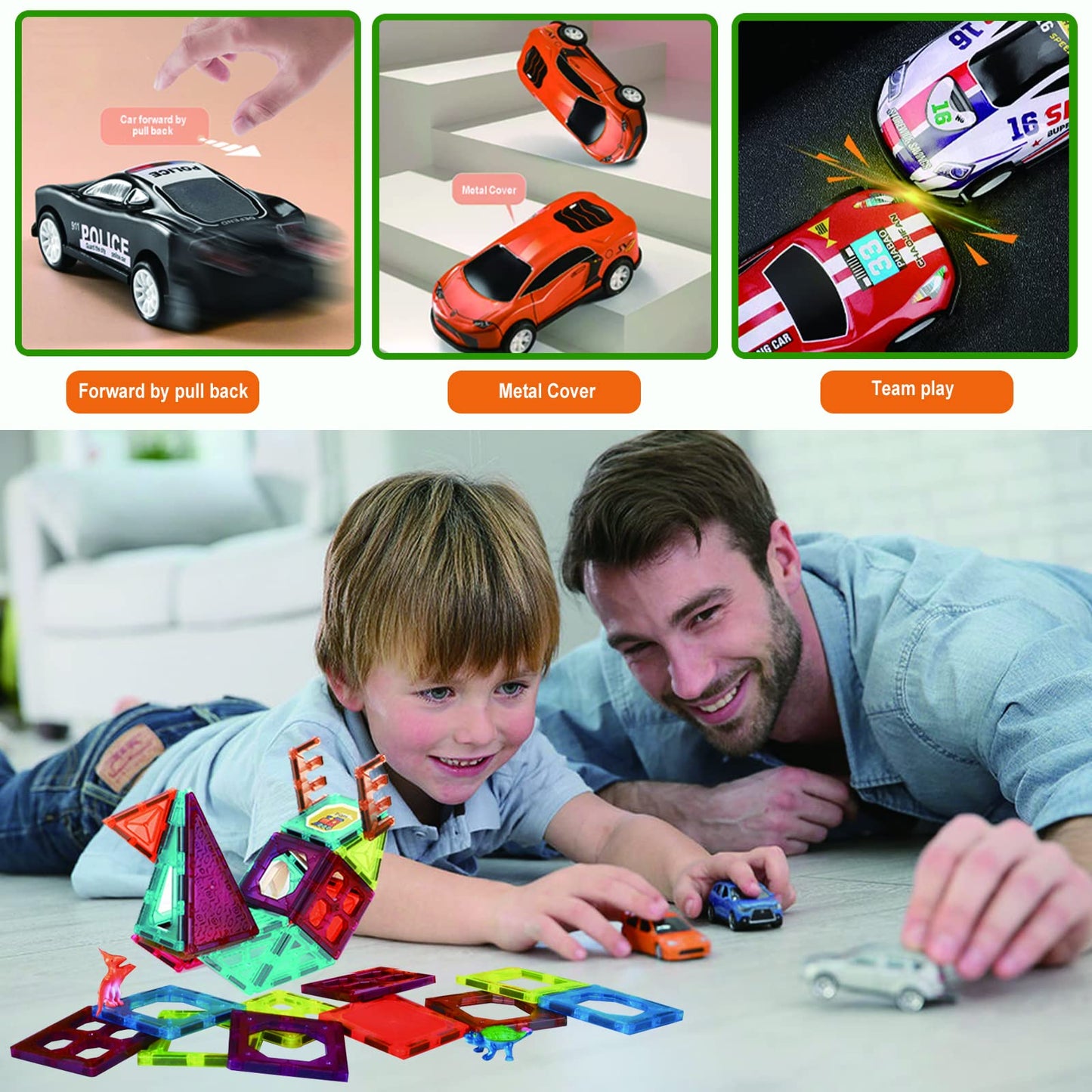 Magnetic Tiles Parking Building Playset With 10 Pull-Back Metal Cars 105Pcs For Kids Construction Stem Toy Preschool Educational