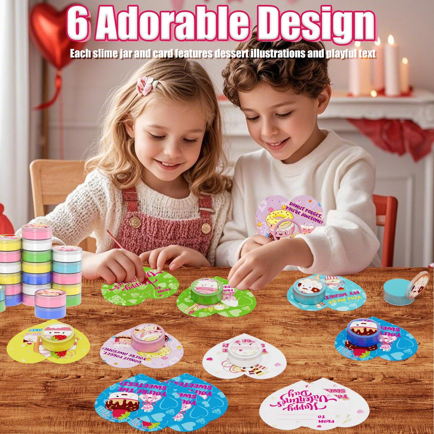 Funewest Valentines Day Gifts For Kids, 24 Valentines Ice Cream Butter Slime Card Bulk, Valentine Exchange Cards For Girls Boys