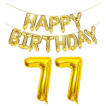 SHUNTAI 77th Birthday Decorations - Gold Jumbo Foil Number Balloons & Happy Birthday Banner - 77 Years Old Party Supplies