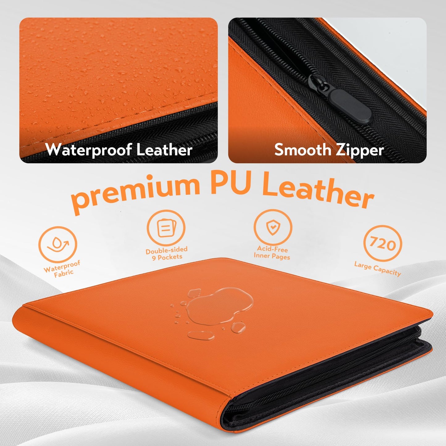 SMYV 12 Pocket Trading Card Binder  enhanced PU Cover Card Binder for 720 Cards  Ringless Side Loading Card Collection Album Folders for MTG  TCG  Game Cards & Sports Cards (Orange)