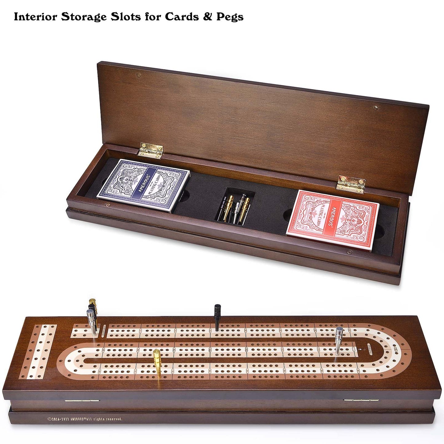 AMEROUS Wooden Cribbage Board Game Set - Magnetic Lock, Metal Pegs, 3 Track Board, Portable for Family Fun & Travel