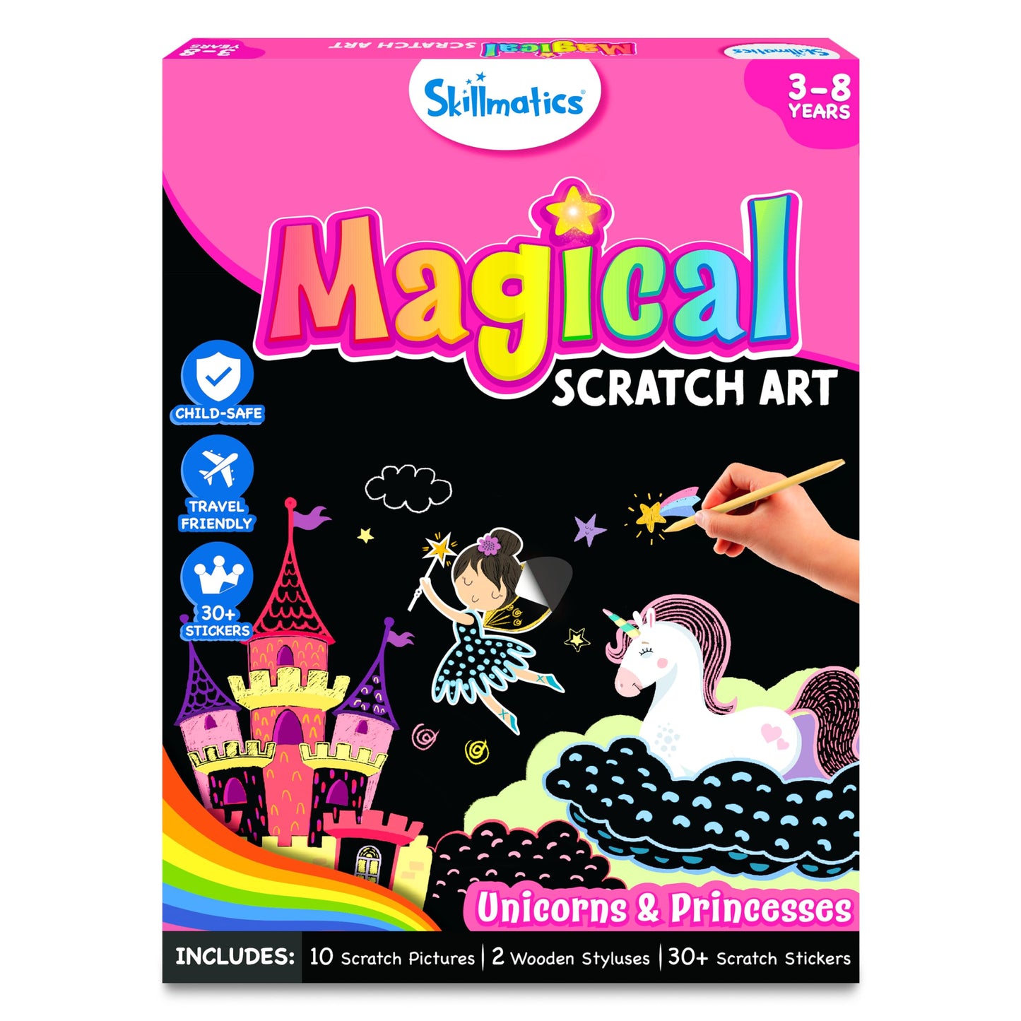 Skillmatics Scratch Art Book For Kids - Unicorns & Princesses, Craft Kits & Supplies, 30+ Scratch Stickers, Travel Toys, Diy Kit, Gifts For Girls & Boys Ages 3, 4, 5, 6, 7, 8