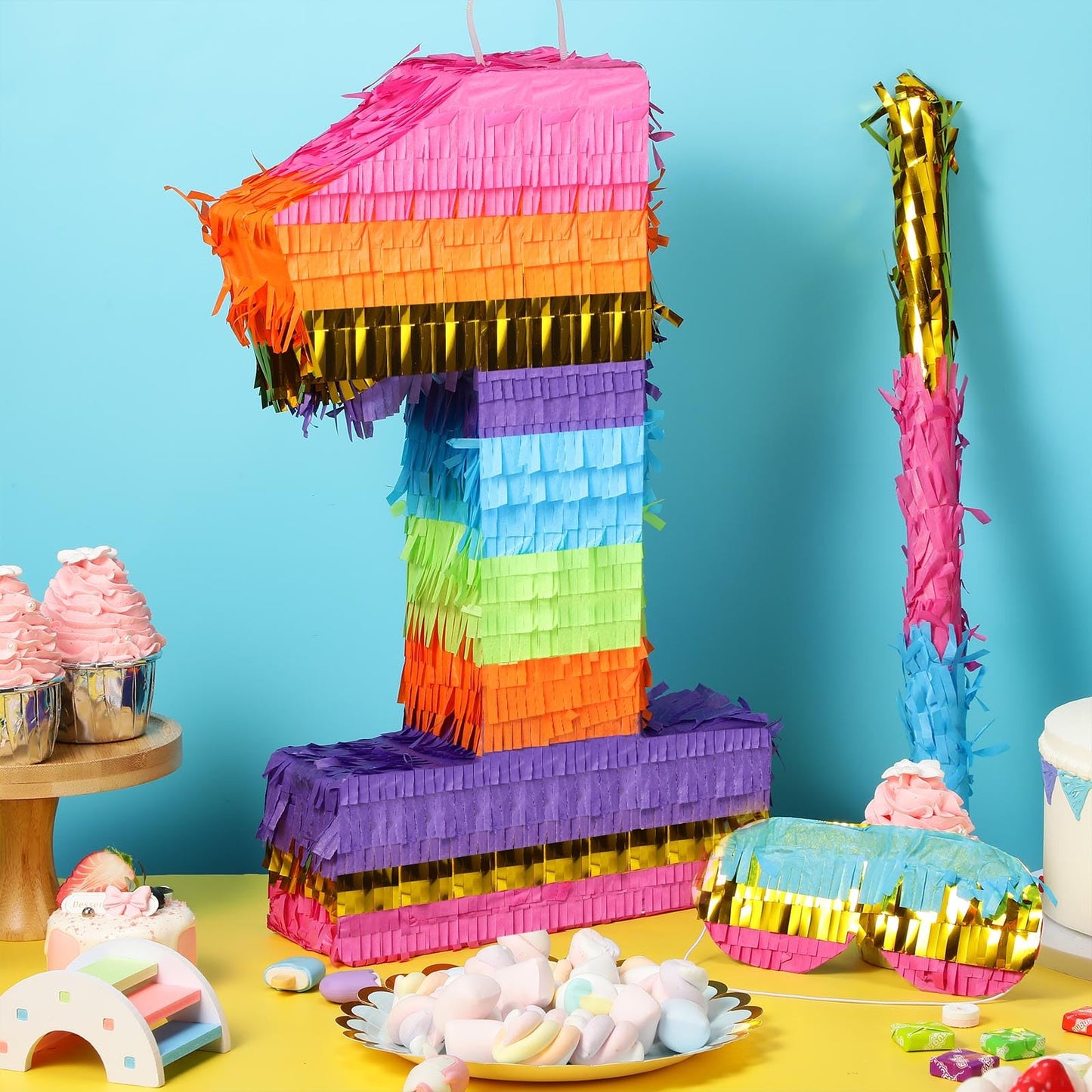 Rainbow Number Pinata for Girls Boys Birthday Foil Number Pinata with Blindfold Stick Confetti for Kids Birthday Anniversary Tie