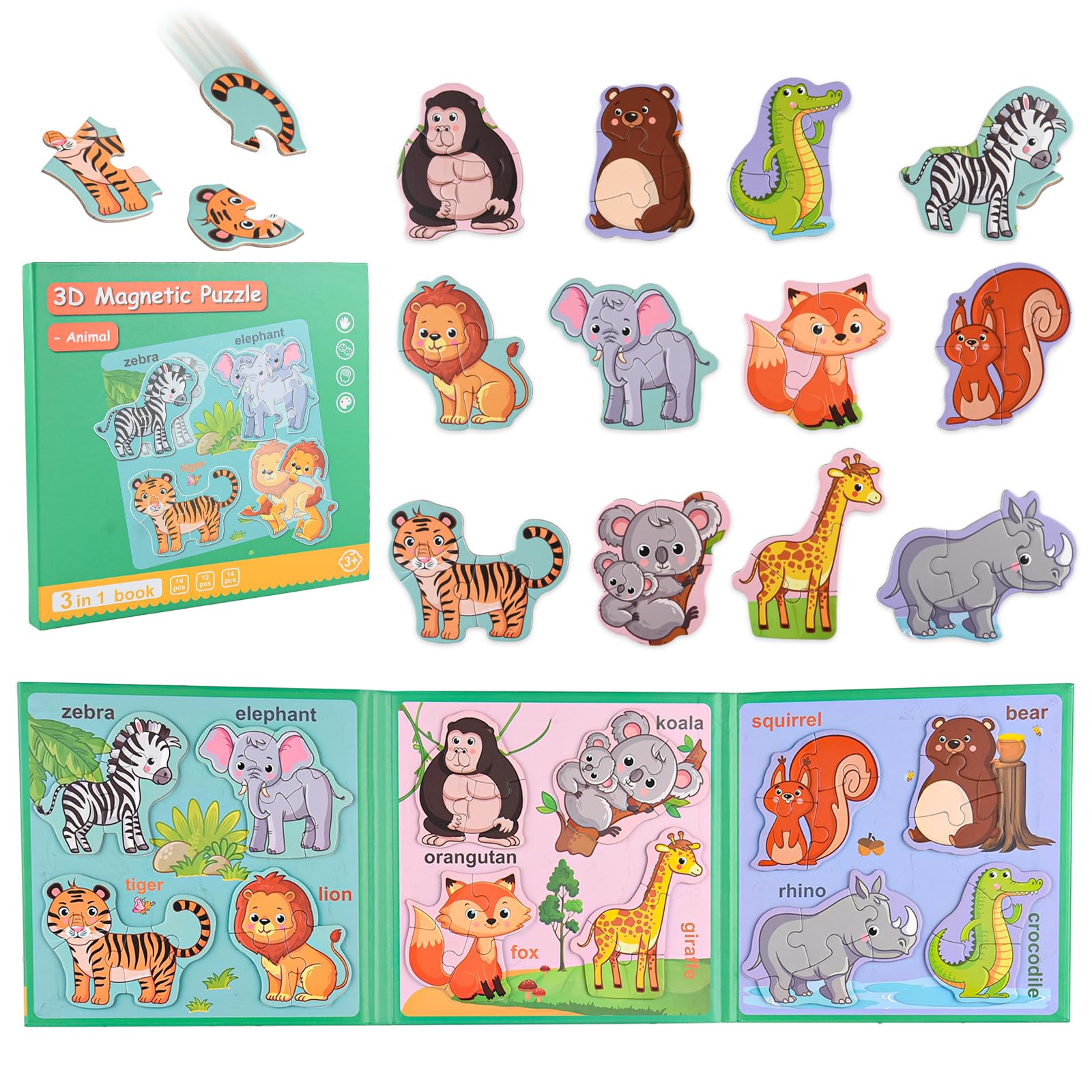 Astaron 3D Magnetic Animal Puzzle With 60 Puffy Stickers For Toddlers, 41 Pieces Puzzles Preschool Education Learning Travel Toy