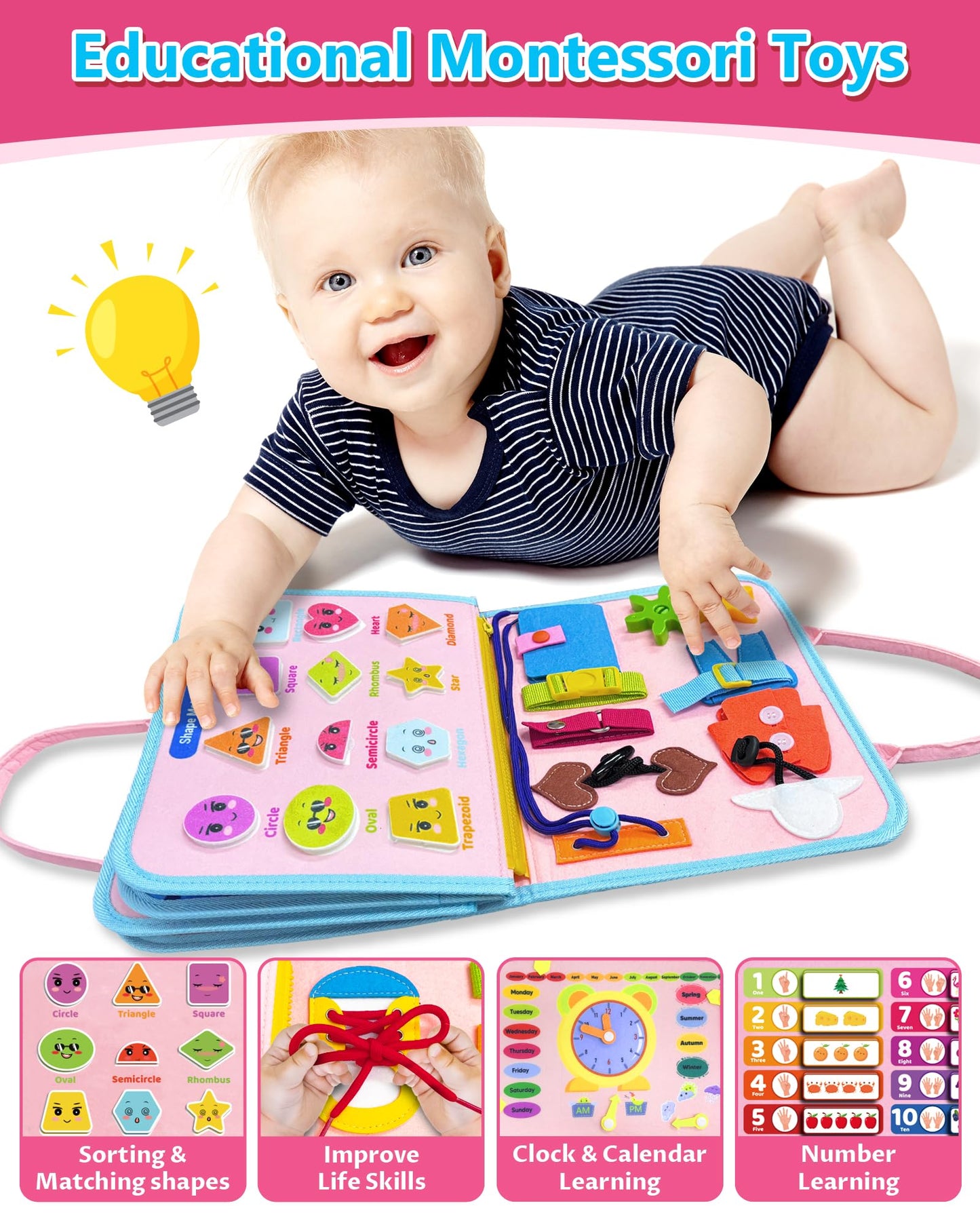 Exorany Busy Board Montessori Toys For 1 2 3 4 Year Old Girl & Boy Birthday Gifts, Busy Book Learning Sensory Easter Toys For Toddlers 1-3 2-4, Toddler Travel Educational Activities Fine Motor Skills