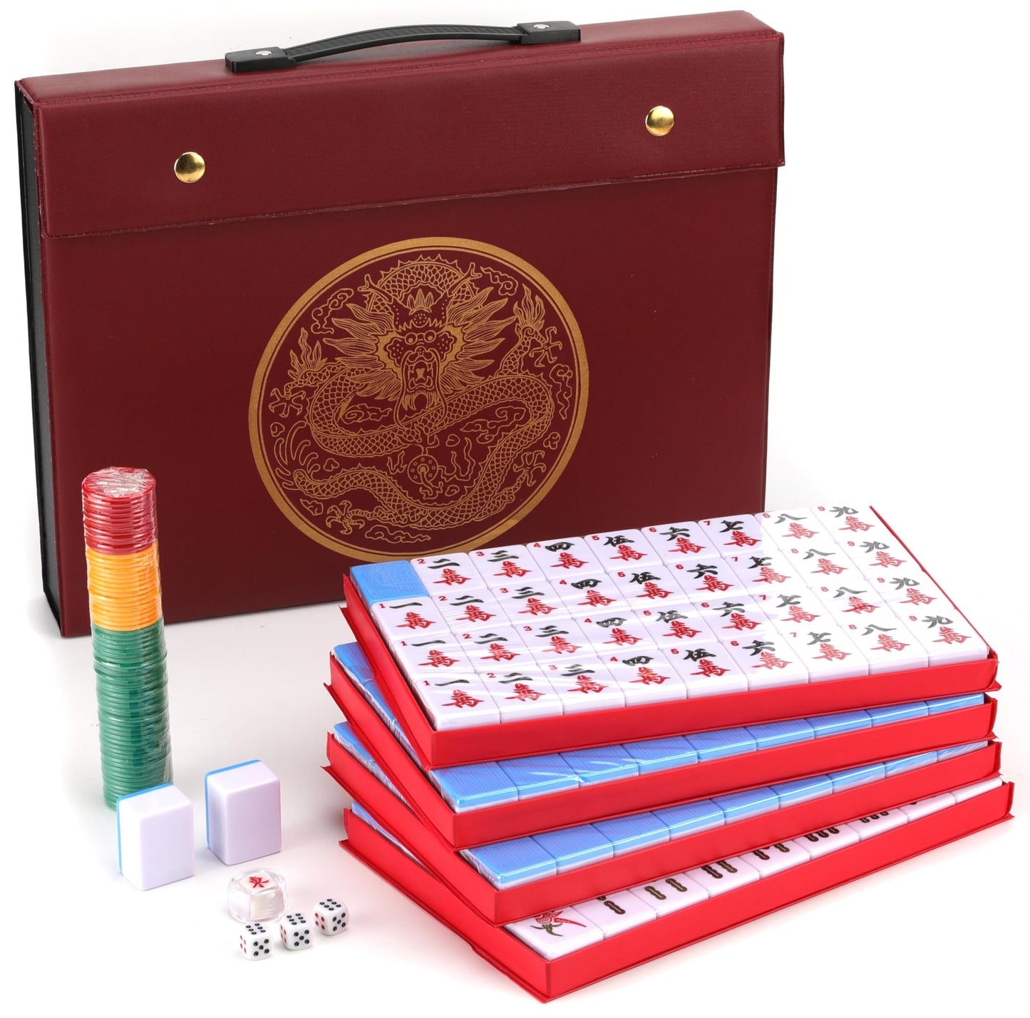 Mose Cafolo Mahjong Game Set - X-Large 1.5" White Blue Melamine Tiles with Travel Case
