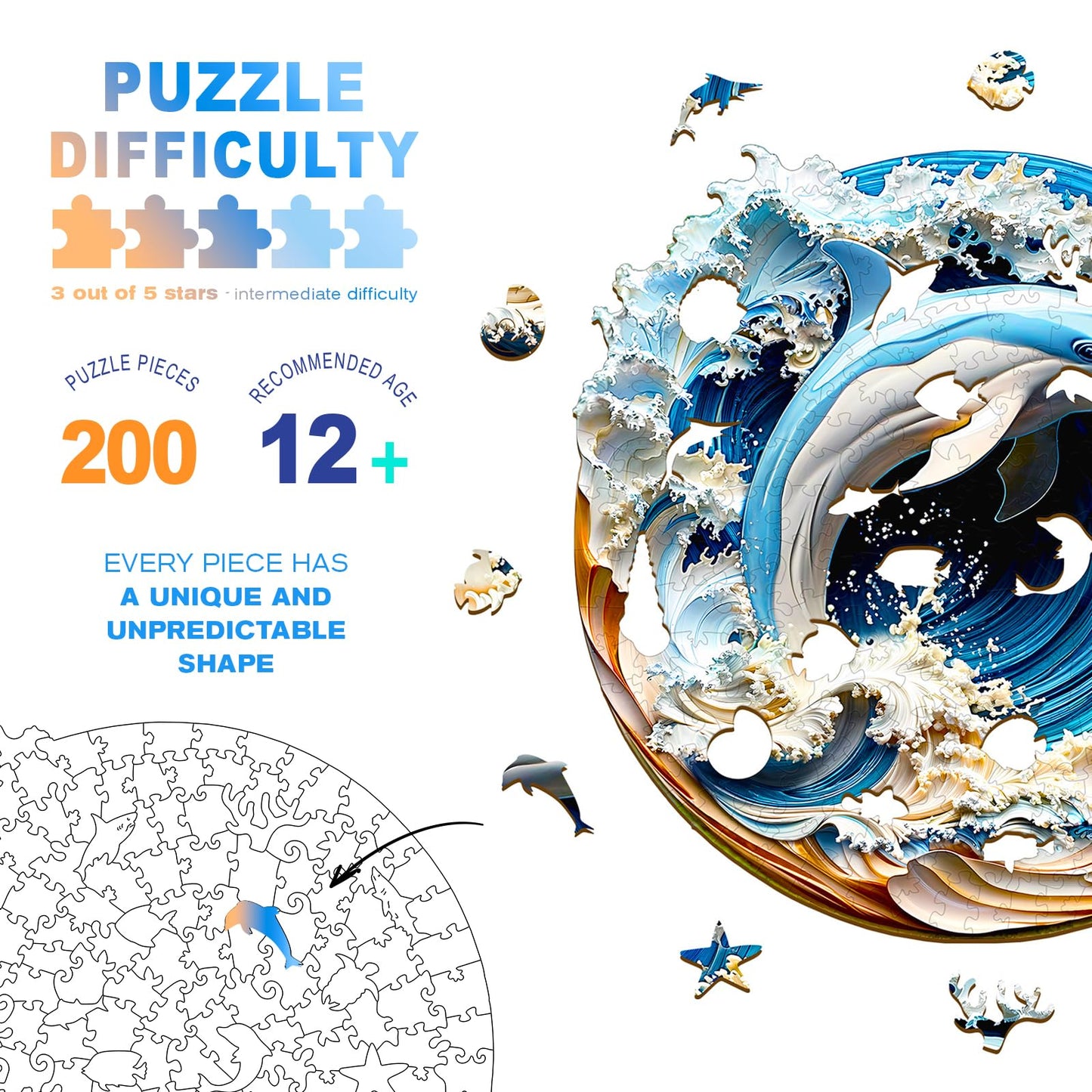 Wooden Puzzles for mature-themeds - 3D Vision Effects Dolphin Wooden Jigsaw Puzzle - Unique Animal Shaped Wood Puzzles mature-themed - Creative Birthday Gift Family Game (200pcs)