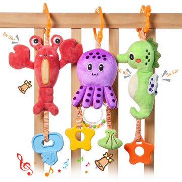 Tumama Baby Toys 0 3 6 12 Months, Hanging Stroller Toys Soft Marine Animal Crib Car Seat Toys, Crinkle Infant Rattles With Teether Squeaky Sensory Developmental Toy For Newborn