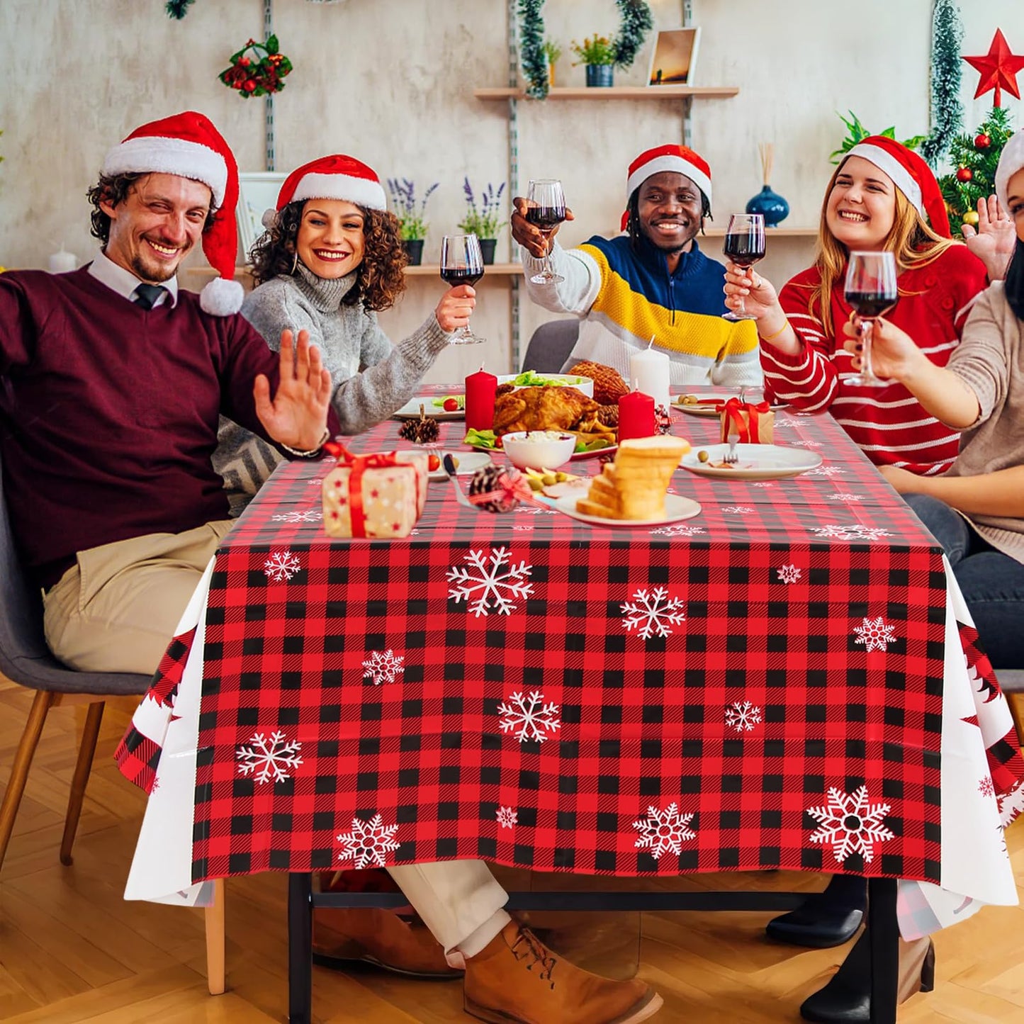 3PCS Christmas Tablecloth, Red and Black Buffalo Plaid Rectangular Plastic Christmas Tablecloth, Winter Snowflake and Reindeer D