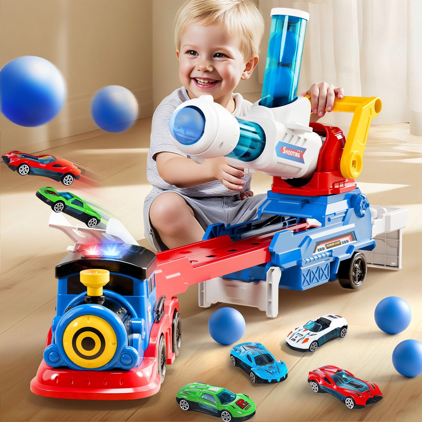 iPlay, iLearn Kids Launching Truck Toys for Boys Ages 3-5, Toddler Track Toy, 4 Mini Diecast Race Cars, Balls Shooting Game, Lar