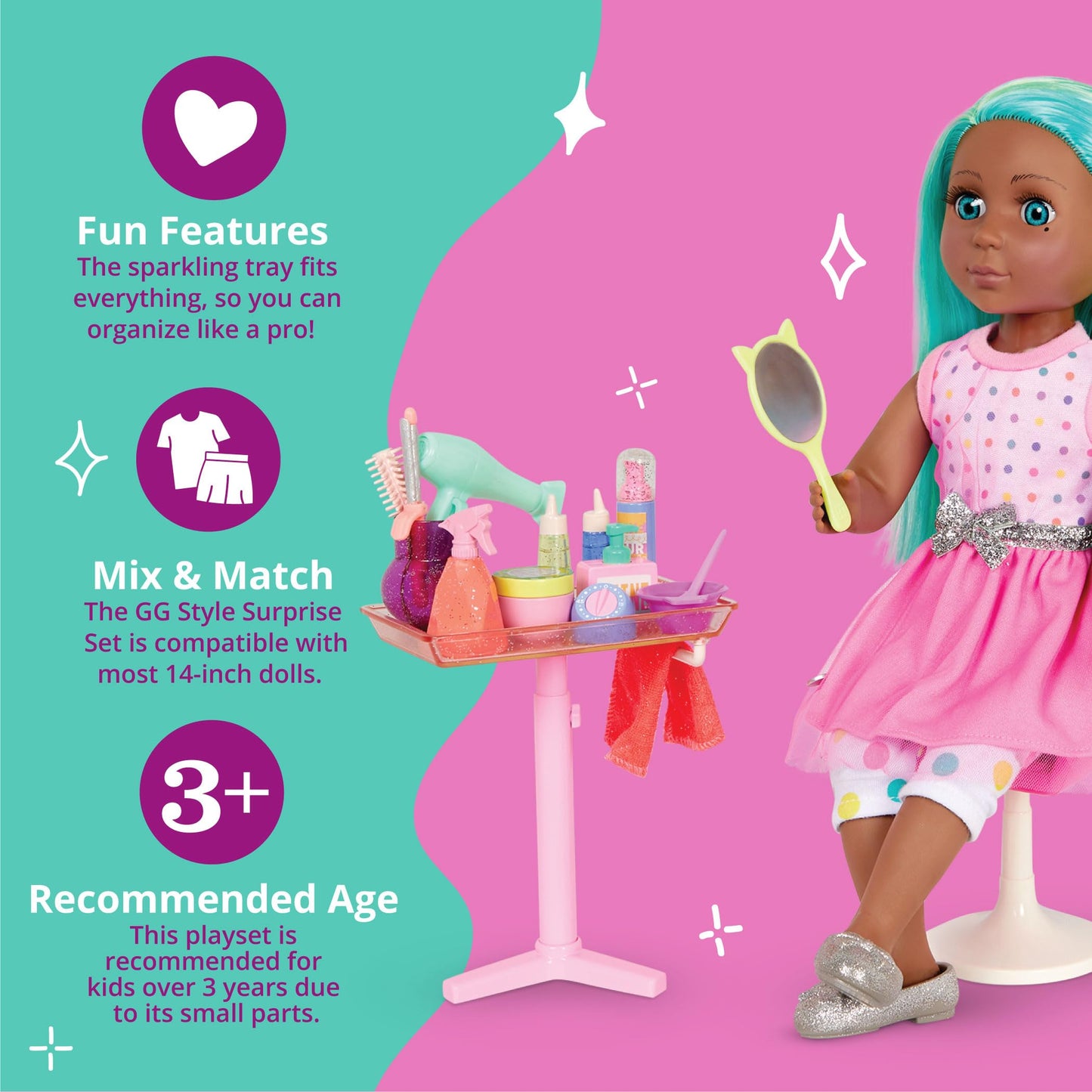 Glitter Girls – Hair Salon Set – Accessories For 14-Inch Dolls – Blow Dryer, Mirror, & Hair Styling Tools – Pretend Hair Products – Toys For Kids 3 Years + – Gg Style Surprise Playset