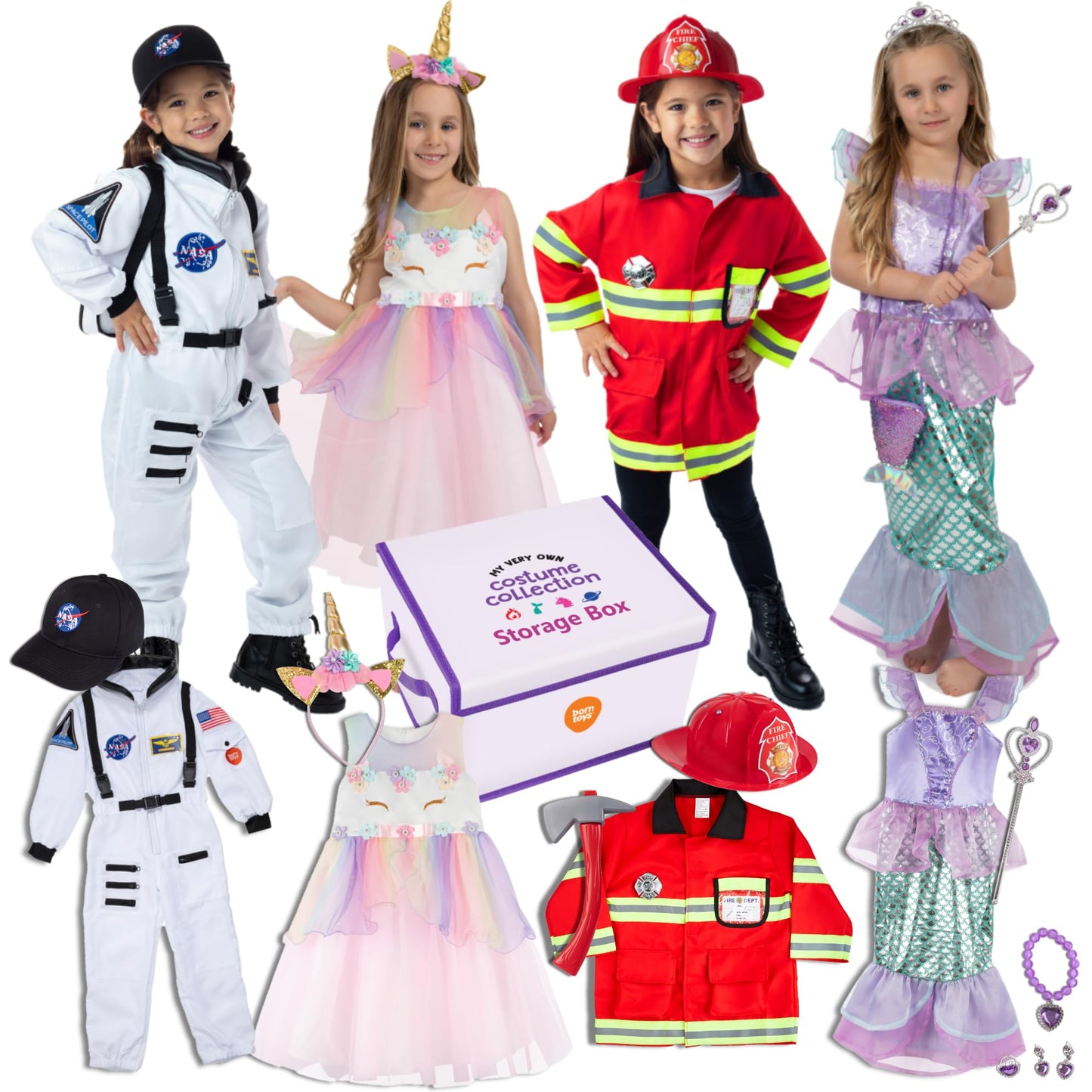 Born Toys Dress Up Clothes For Little Girls 4-6, Washable Toddler Costumes For Kids Pretend Play 3T-4T