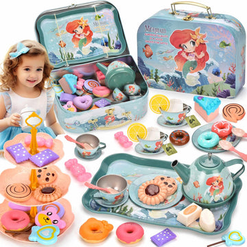Lajeje 52Pcs Mermaid Tea Party Set for Little Girls, Pretend Tin Teapot Set with Metal Carrying Case, Little Mermaid Princess To