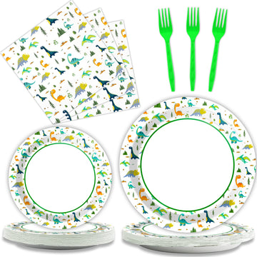 Wiooffen 96 Pcs Dinosaur Party Plates Napkins Watercolor Dinosaur Birthday Tableware Supplies Set Cartoon Dinosaur Disposable Di
