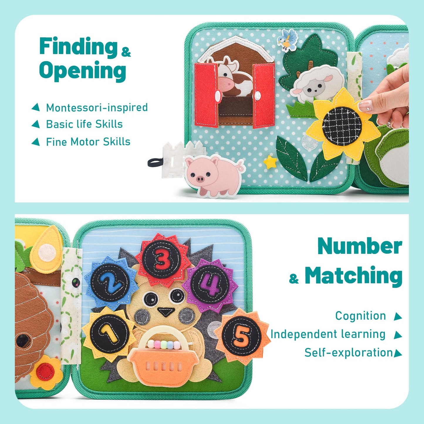 Montessori Busy Book for Toddlers 1-3  Felt Quiet Book & Busy Board for Preschool Learning  Fine Motor Skills & Sensory Play  Educational Travel Toy and Gift for Kids - Farm Animals Theme  Green