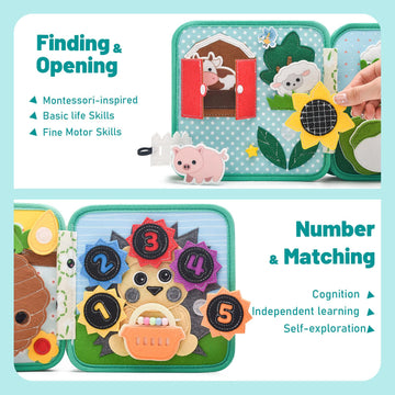 Montessori Busy Book for Toddlers 1-3  Felt Quiet Book & Busy Board for Preschool Learning  Fine Motor Skills & Sensory Play  Educational Travel Toy and Gift for Kids - Farm Animals Theme  Green