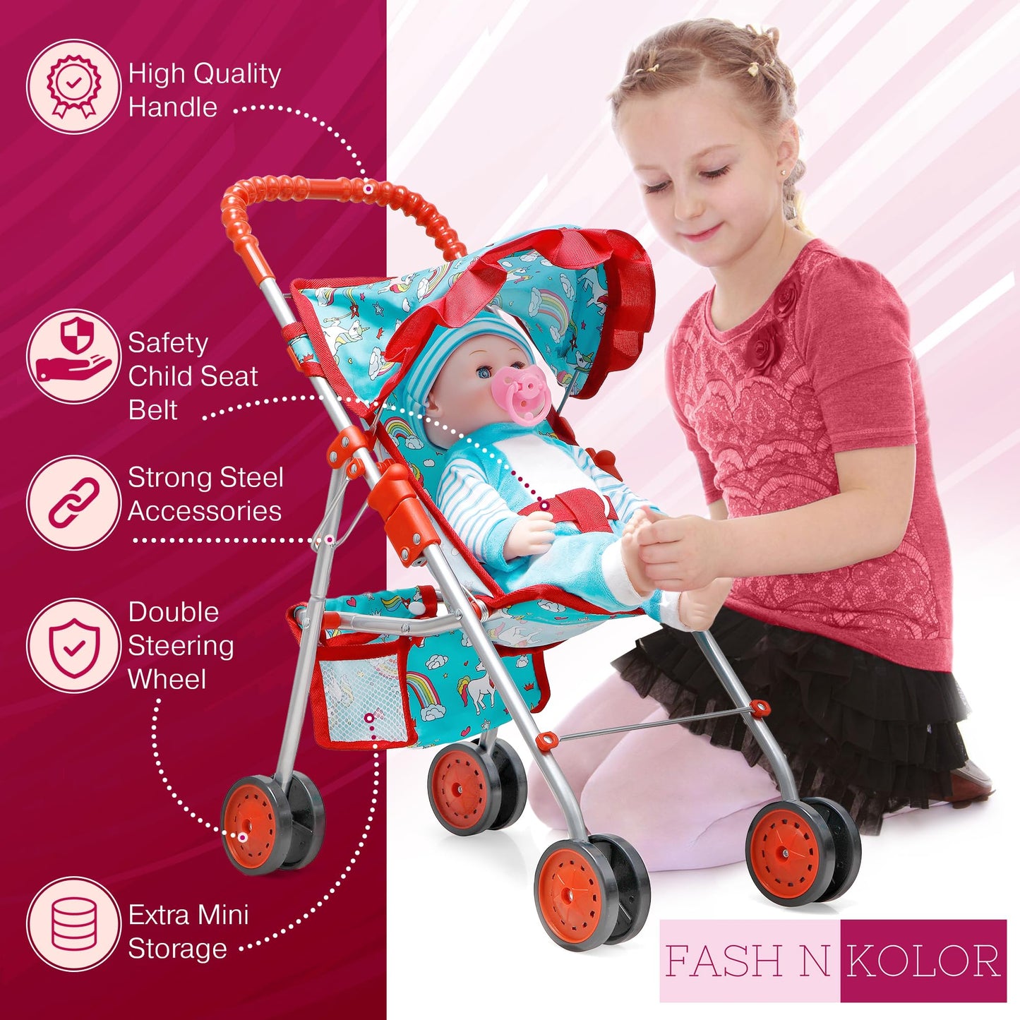Fash N Kolor® Doll Stroller With Doll Feeding Bottles For Toddlers Boys, Girls, Little Kids - Toy Stroller With Bottom Storage Basket, Foldable Frame, Canopy, Seatbelt, Dolls Gift