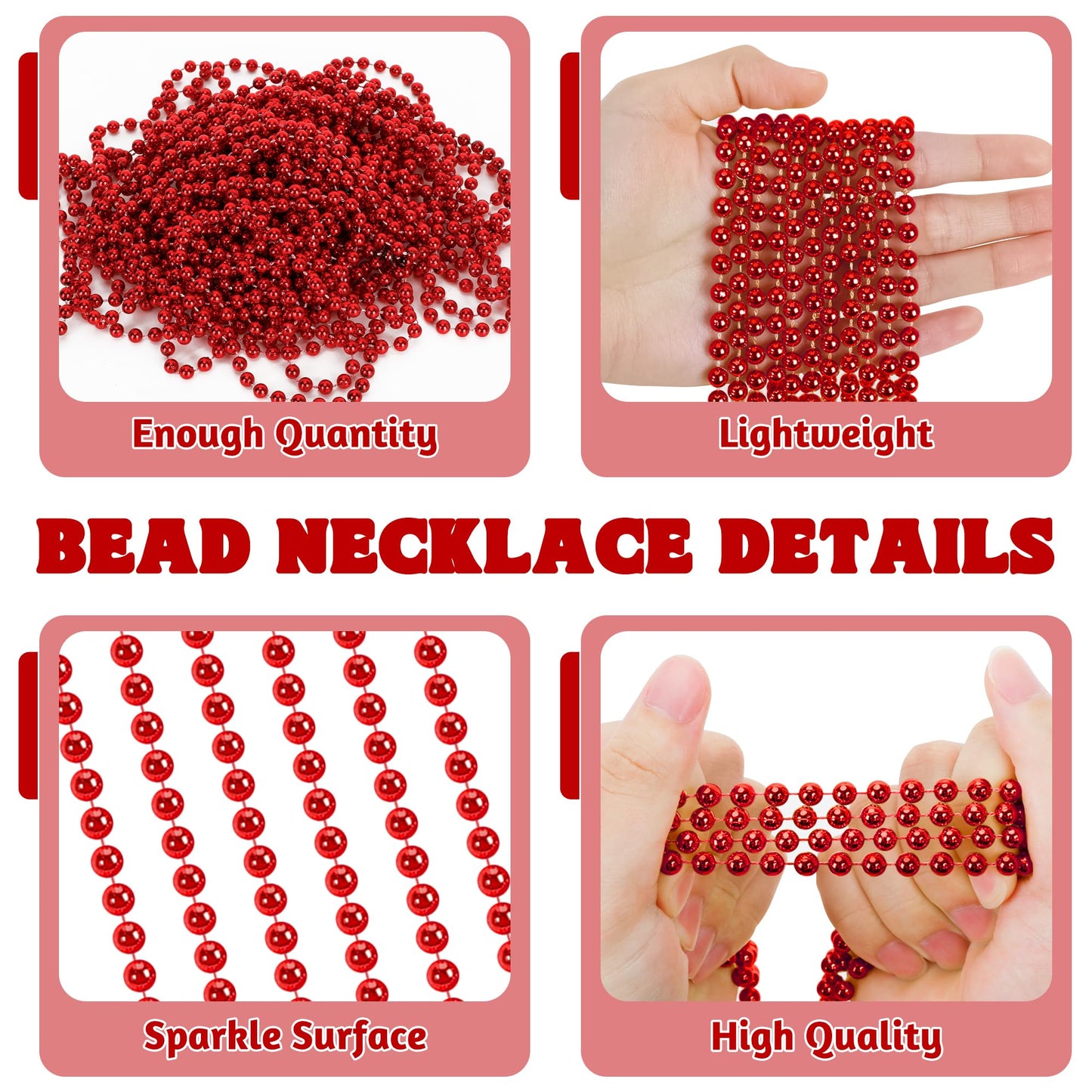 100 Pcs Christmas Beads Bulk, 33'' Valentines Day Beads Necklaces, Mardi Gras Beads Necklaces Bulk, Red Round Beads For Parade T