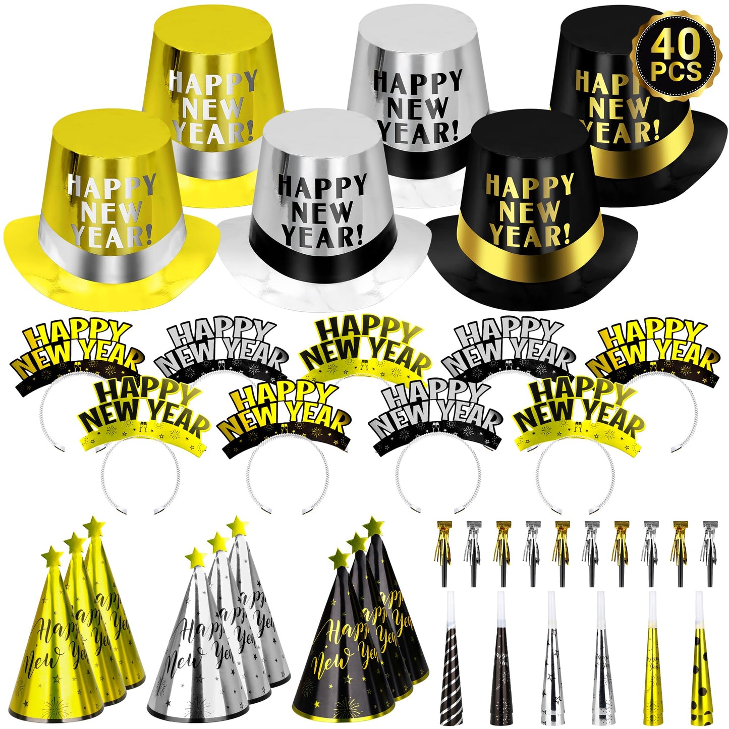 40PCS New Years Party Supplies 20 Guests, New Years Party Favors Gold Black, New Years Accessories Cardboard Plastic, Tiaras Top