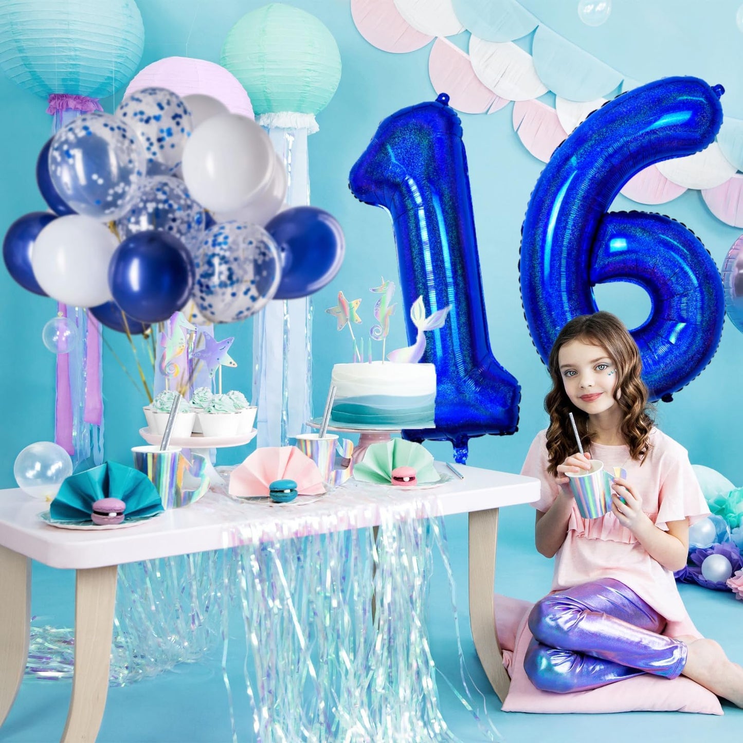 Number 16 Balloon 40 Inch, Laser Blue Big Number Balloon, Giant Mylar 16Th Balloons Number, Helium Birthday Balloons For Teenage
