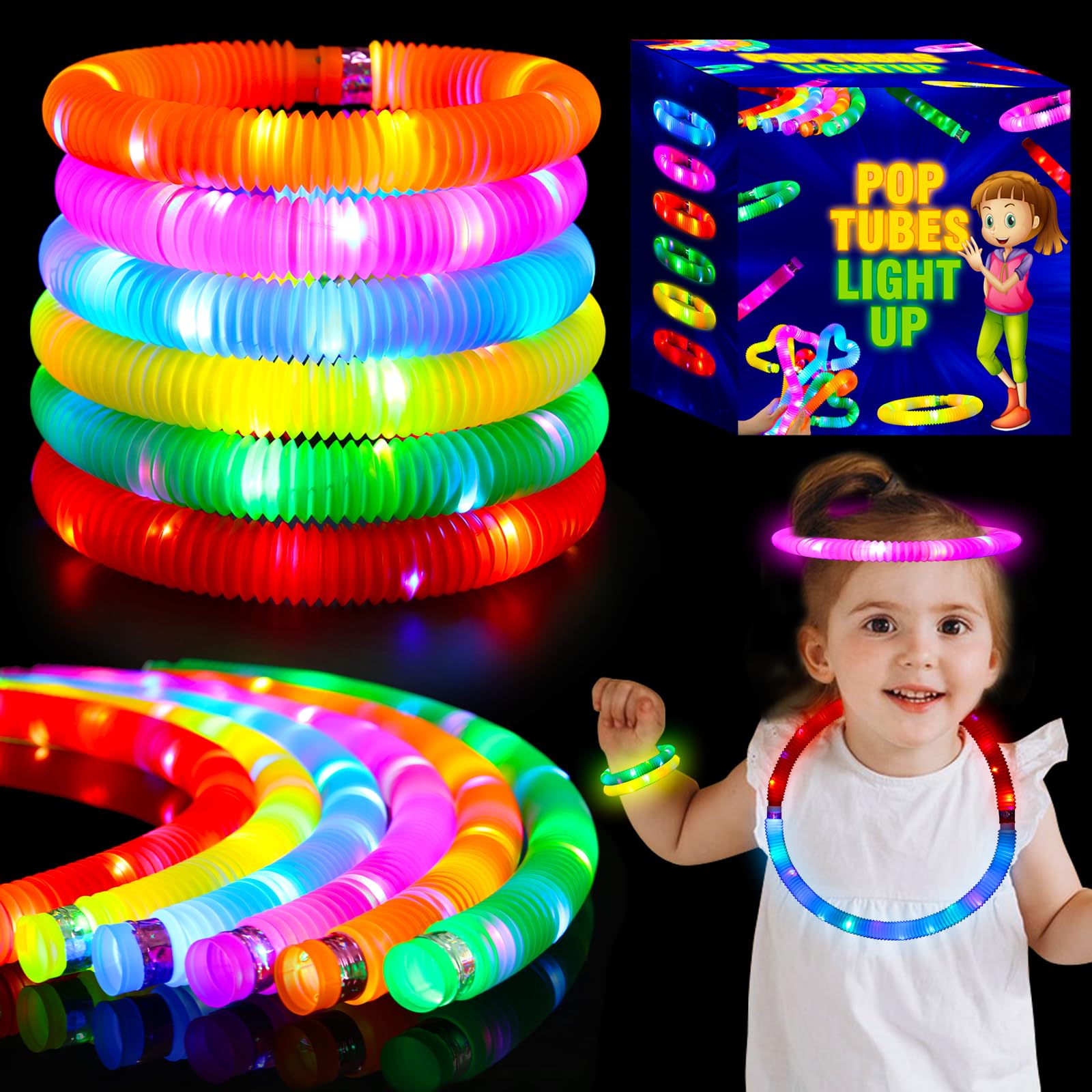 24 pcs Light Up Glow Sticks, LED Pop Tubes Party Favors for Kids 4-8 Glow in The Dark Party Supplies Fidget Toys Tubes for Hallo